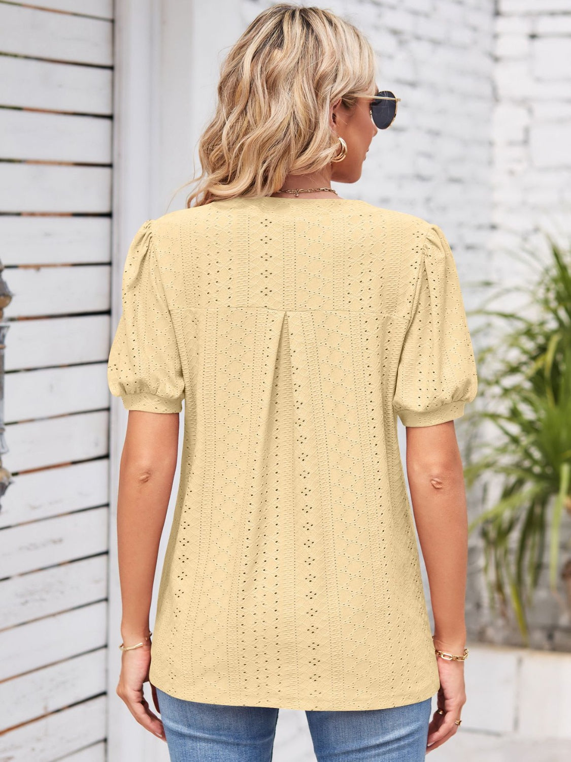 Eyelet Notched Short Sleeve Blouse