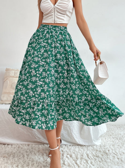 Printed Ruffle Hem Midi Skirt