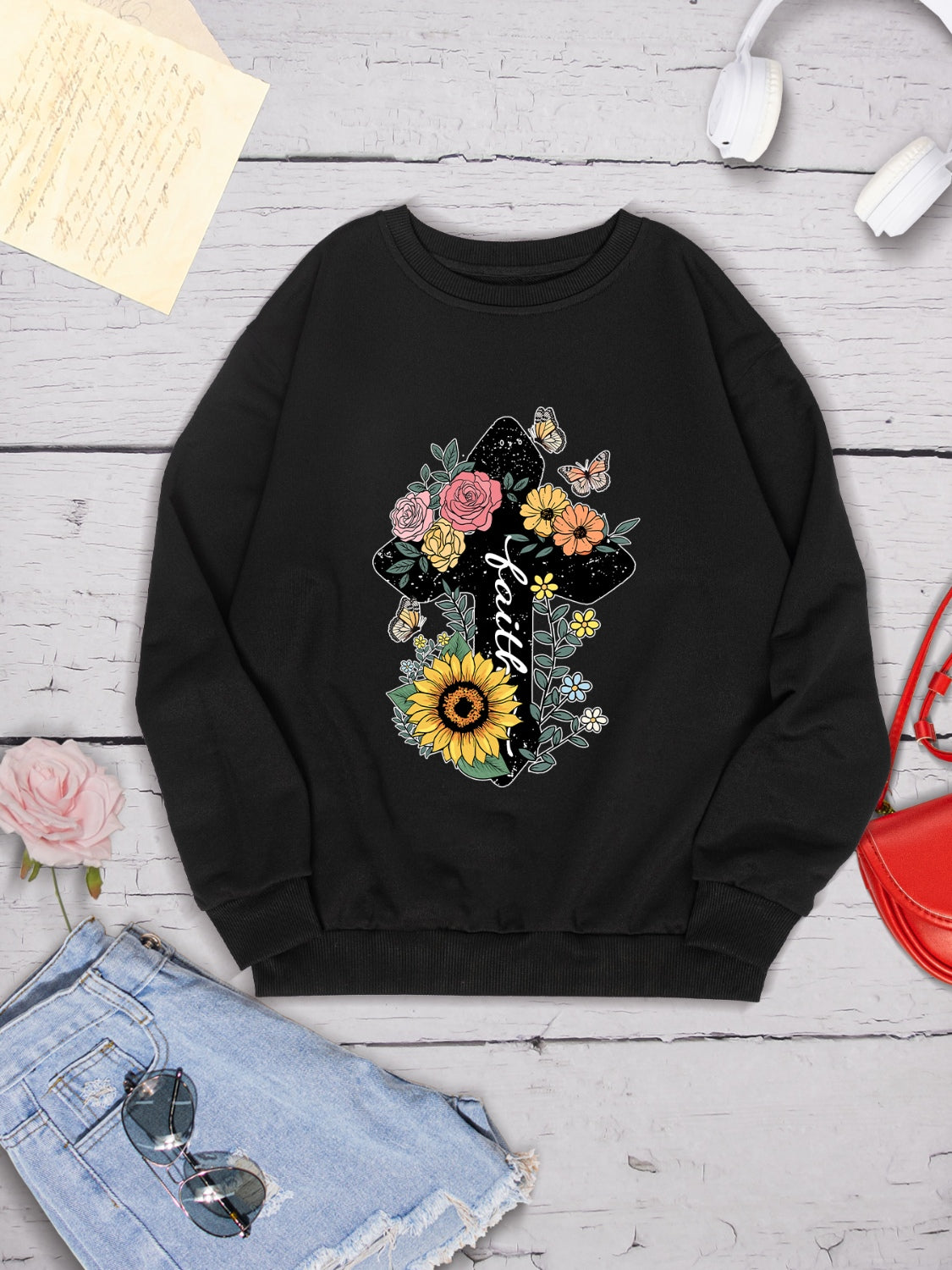 Graphic Round Neck Dropped Shoulder Sweatshirt