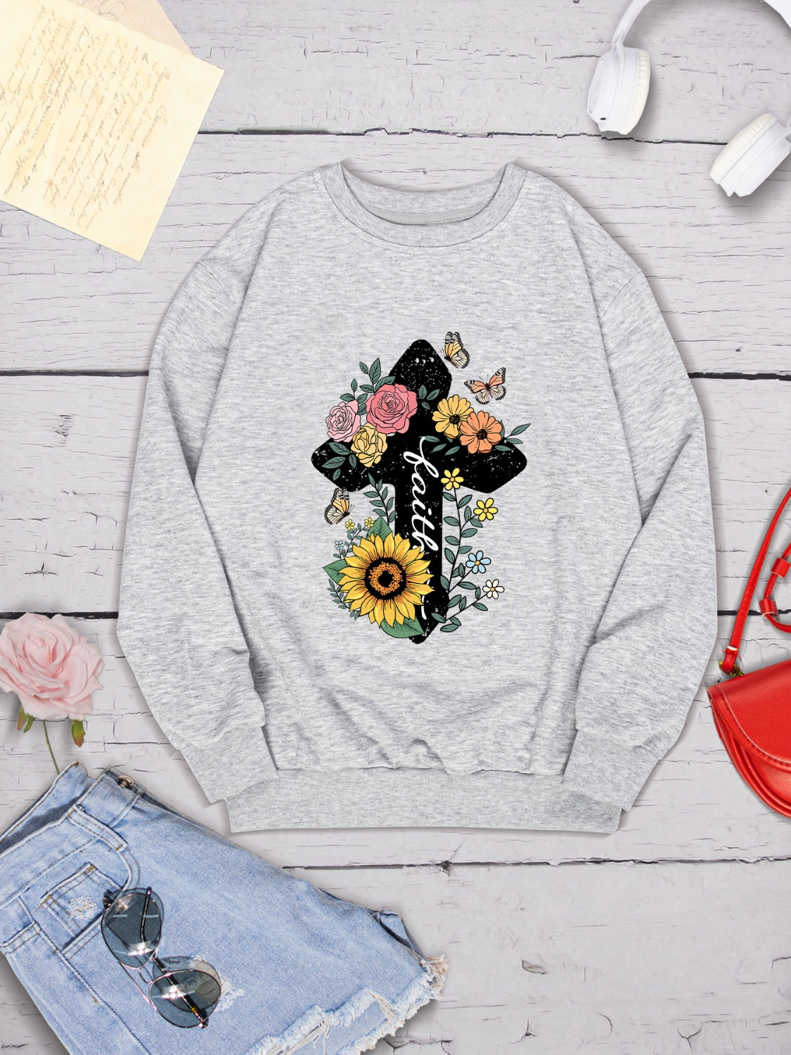 Graphic Round Neck Dropped Shoulder Sweatshirt