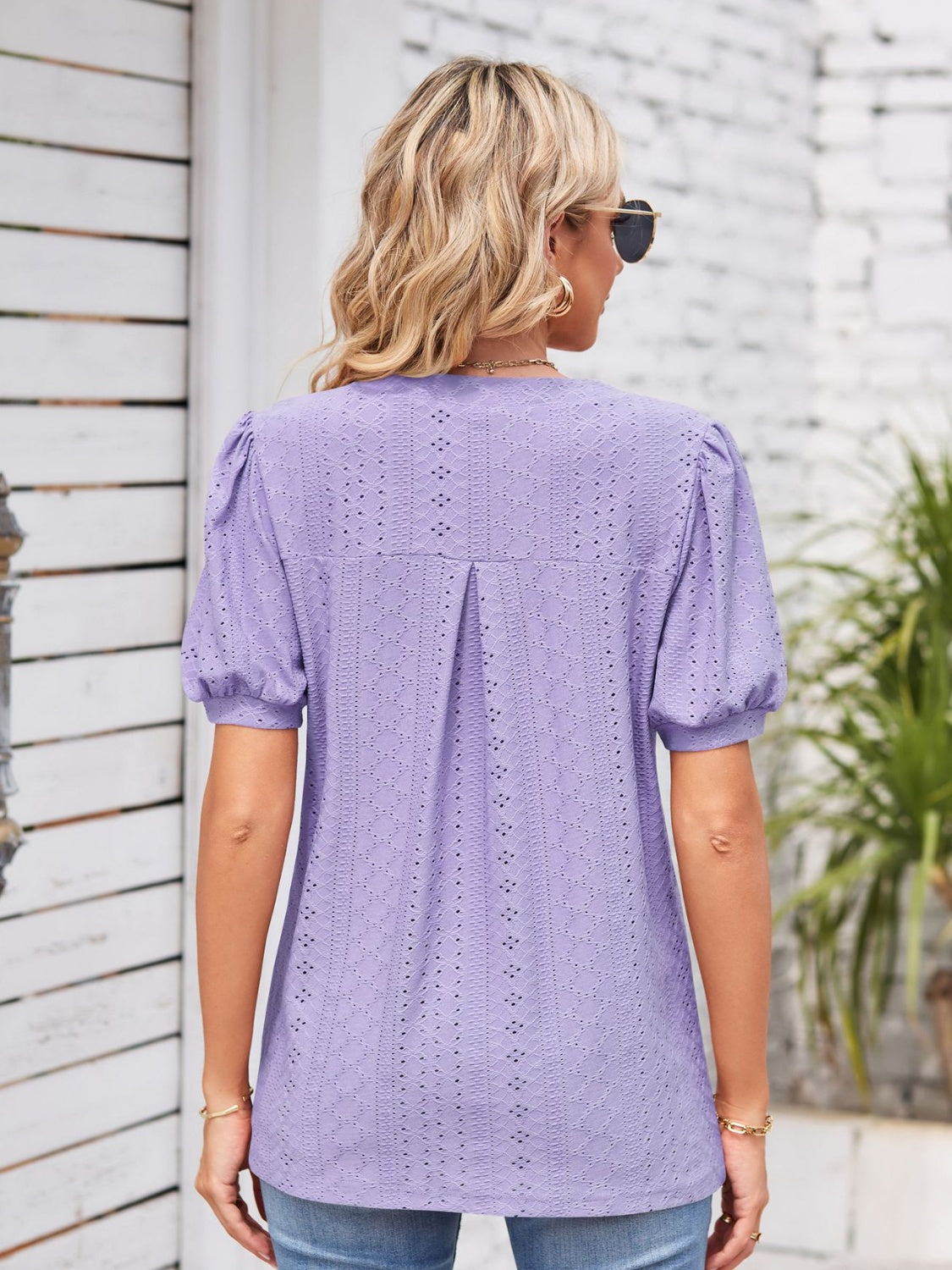 Eyelet Notched Short Sleeve Blouse