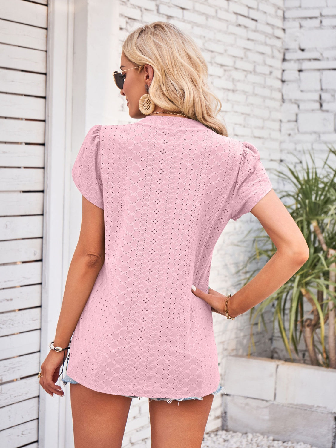 Eyelet V-Neck Petal Sleeve Blouse